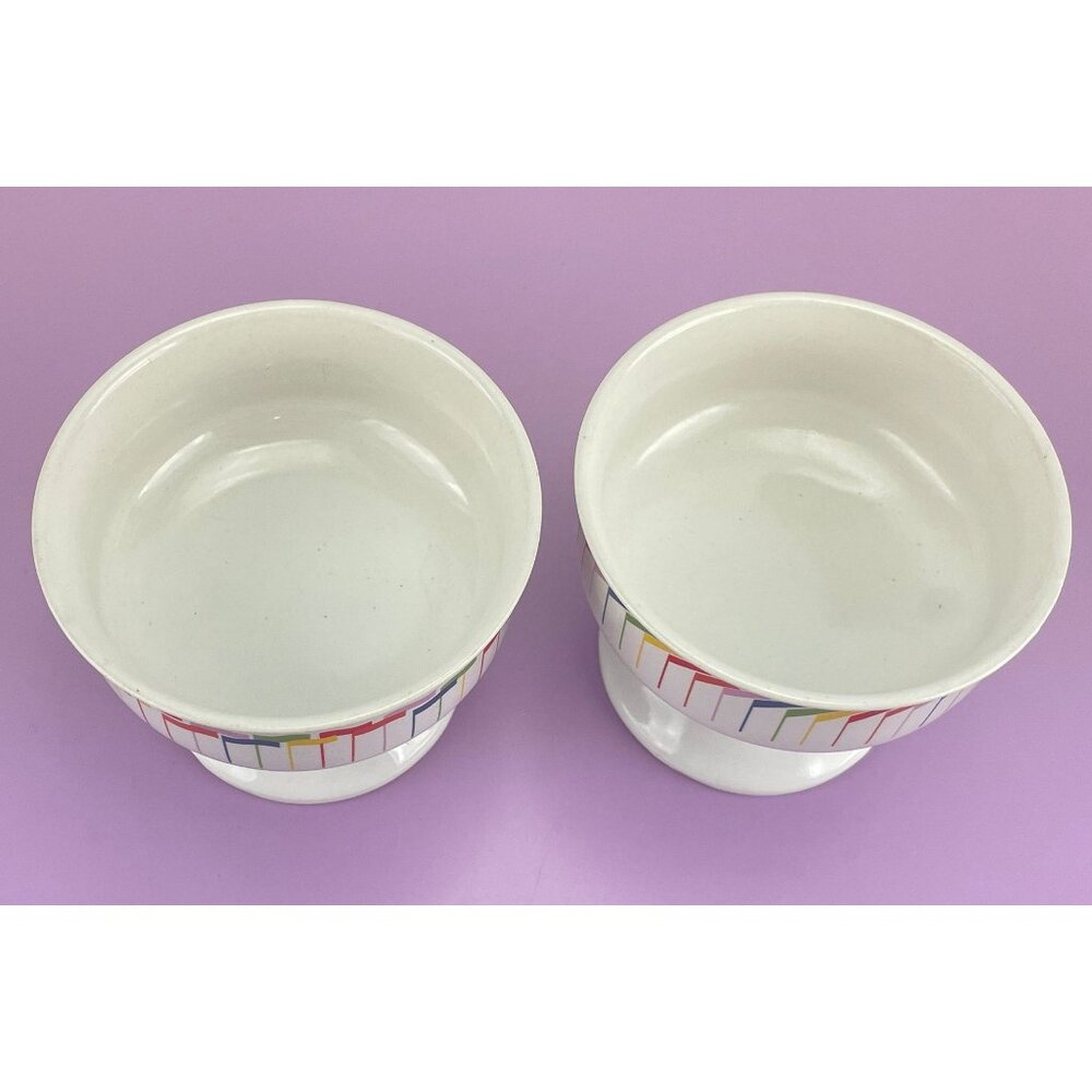 Vintage 80s dessert cups, Korea ceramic footed bowls, primary colors flags, pair - Picture 7 of 9